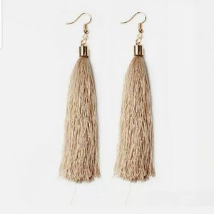 LONG TAN TASSEL EARRINGS GOLD TONE HOOK